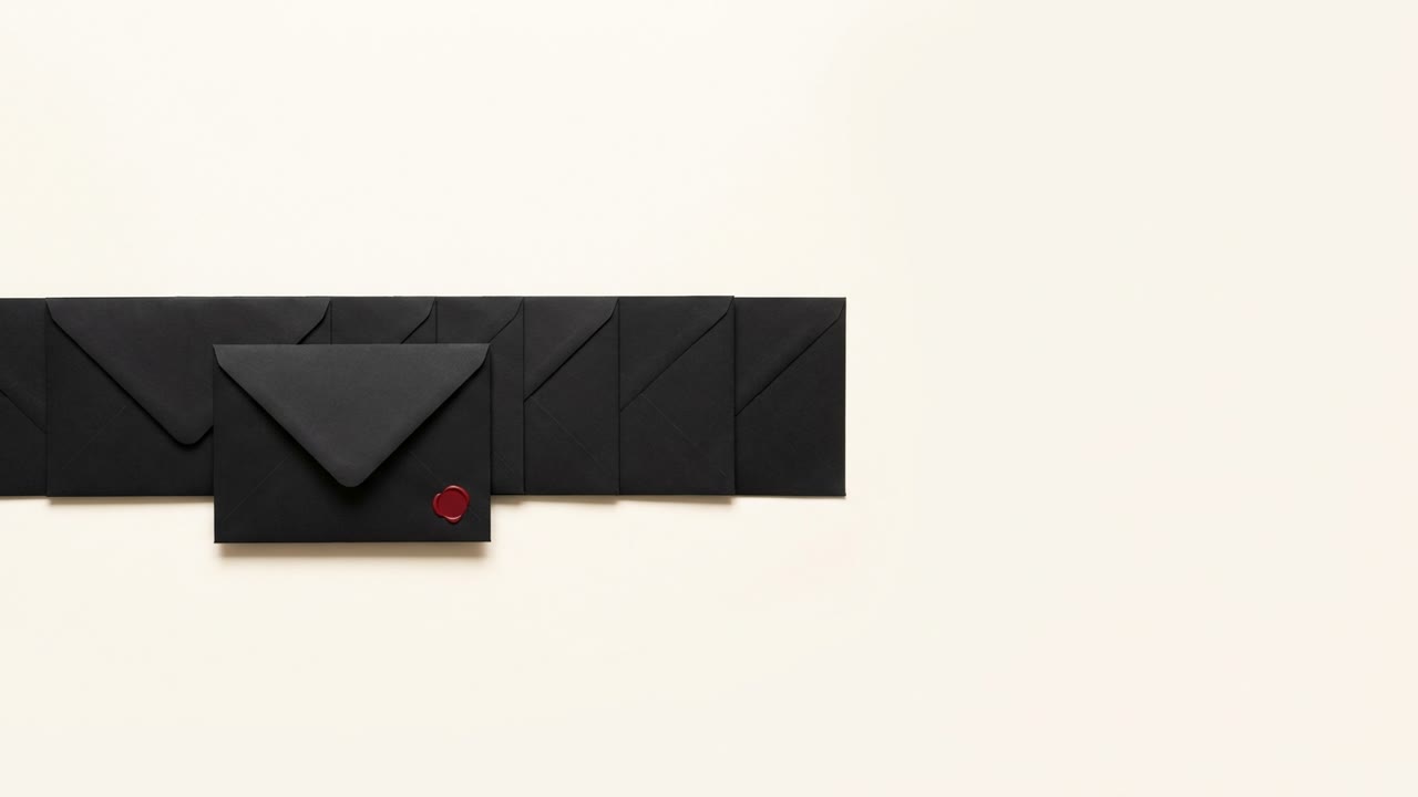 A black paper envelope on a cream surface with a red wax-seal-style dot in the corner, standing apart from a row of plain unmarked black envelopes