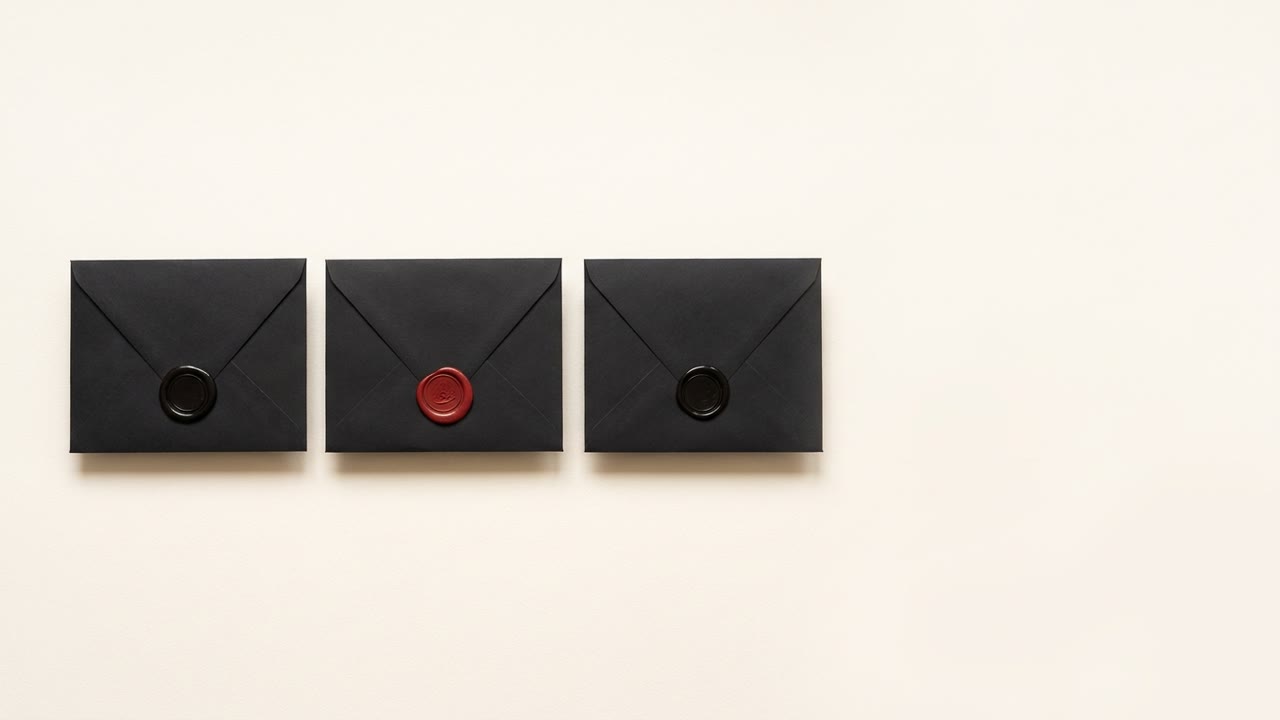 Three black paper envelopes lying in a row on a cream surface, each closed with a wax seal, the seal on the middle envelope a deep red
