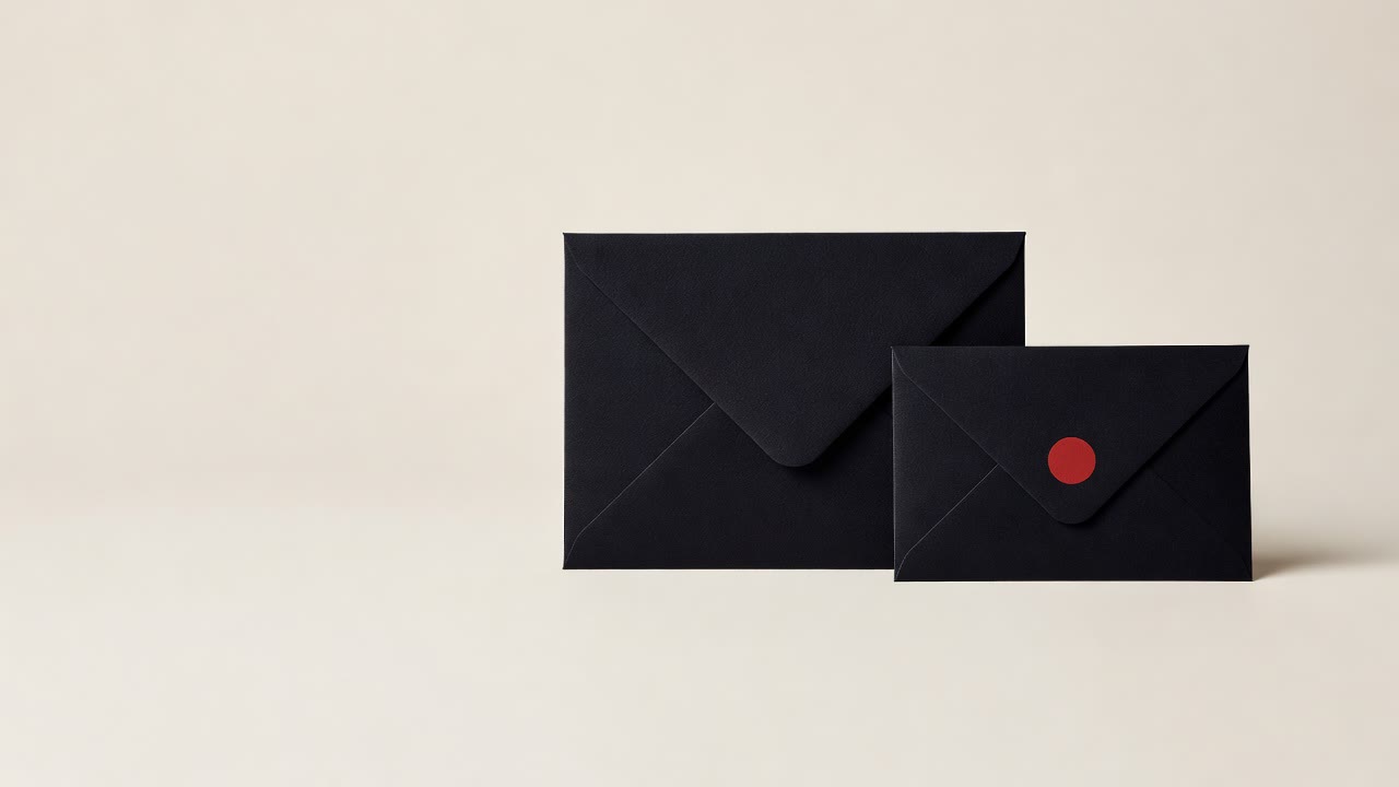 A black paper envelope and a smaller second envelope with a red dot, side by side on a cream surface