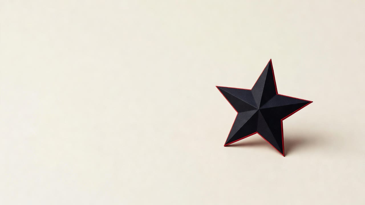 A single black paper star with a red edge resting on a cream surface