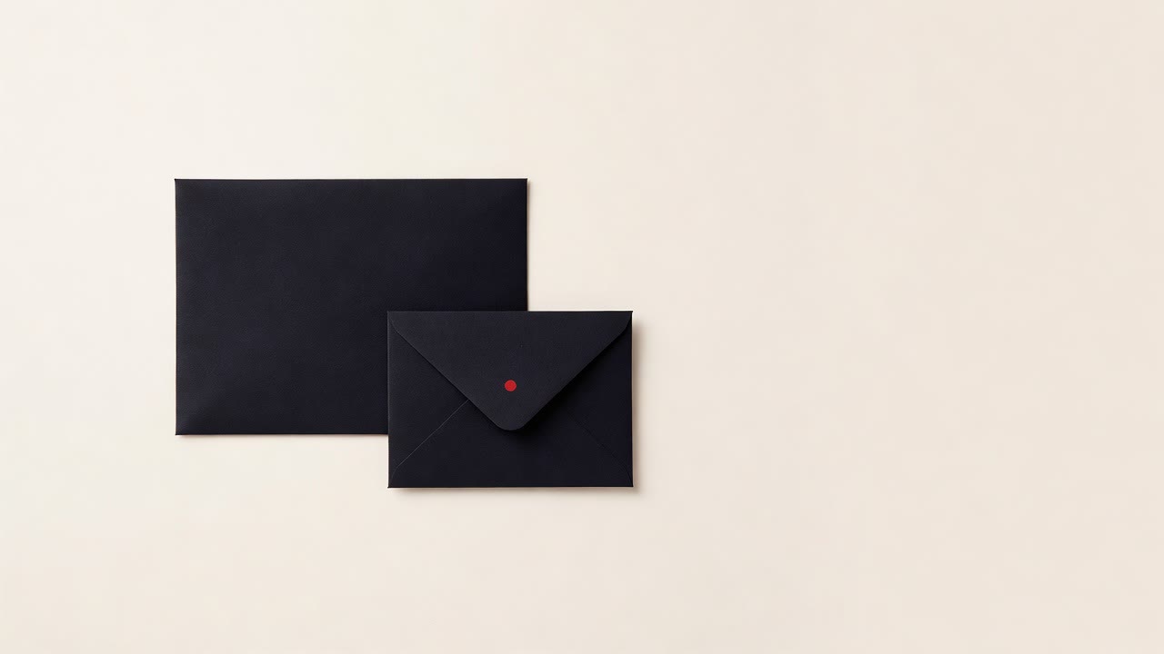 A black paper envelope next to a smaller second envelope on a cream surface, with one small red dot on the second