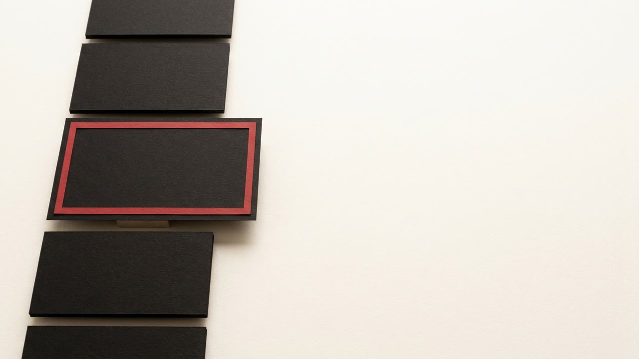 A row of black paper cards on a cream surface, one lifted and framed by a thin red paper border like a pull quote