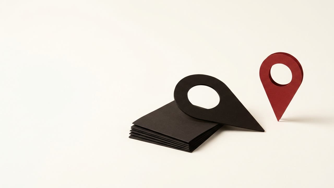 A large black paper map pin tipped over onto a stack of plain black paper documents on a cream surface, with one upright red paper map pin standing apart to the right