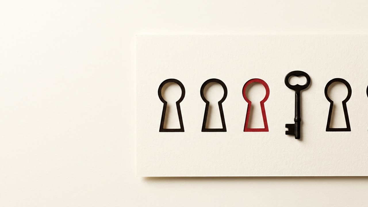 An editorial illustration of a single black key on a plain cream background, with one red keyhole highlighted among several grey ones.