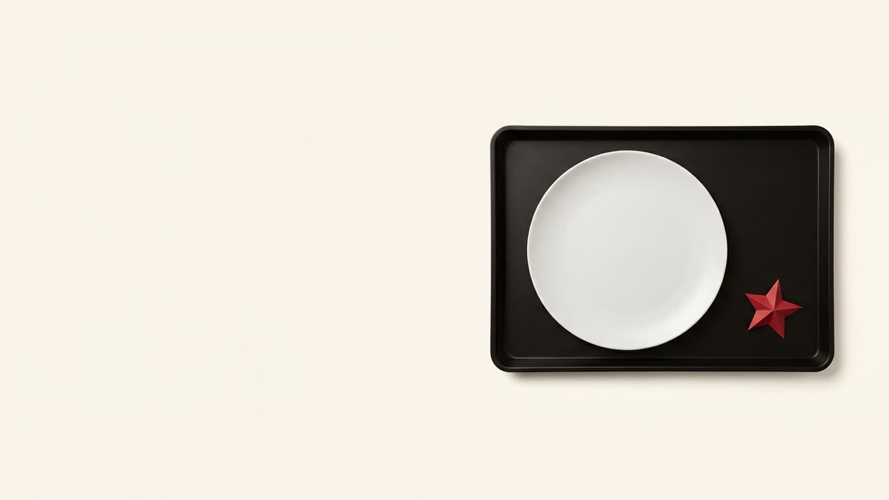 A black serving tray holding a single empty plate, with one red paper star resting beside it on a cream surface