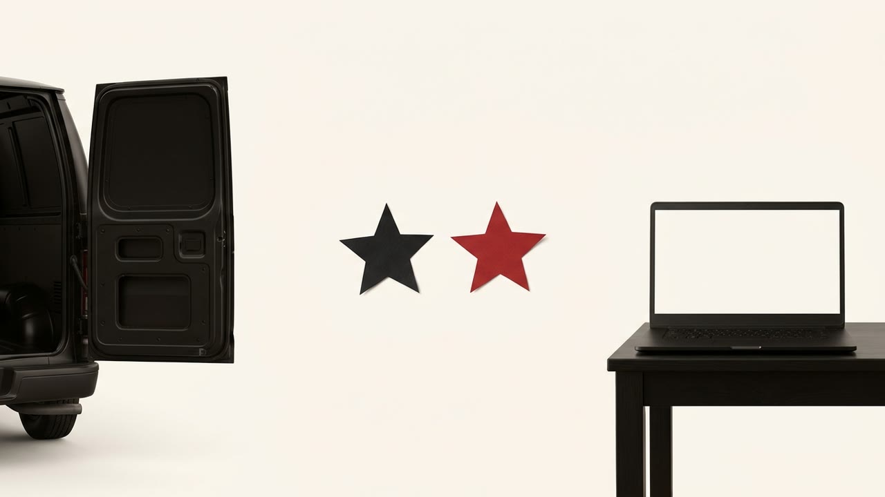 A delivery van and a laptop on opposite ends of a desk, with a single star icon between them
