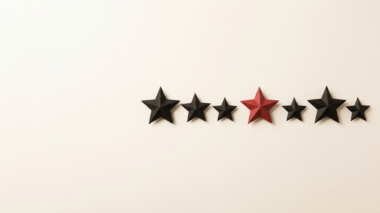 A single red paper star resting among a row of black paper stars on a cream background, with open space on the left