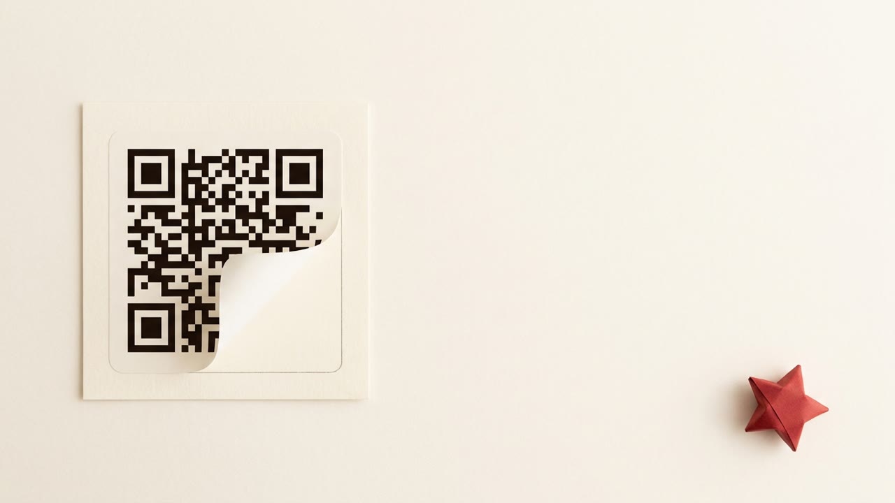 An overhead flat-lay of a black QR code square on a cream card, one corner peeled up like a sticker to reveal a plain cream square underneath, with one small red paper star in the opposite corner