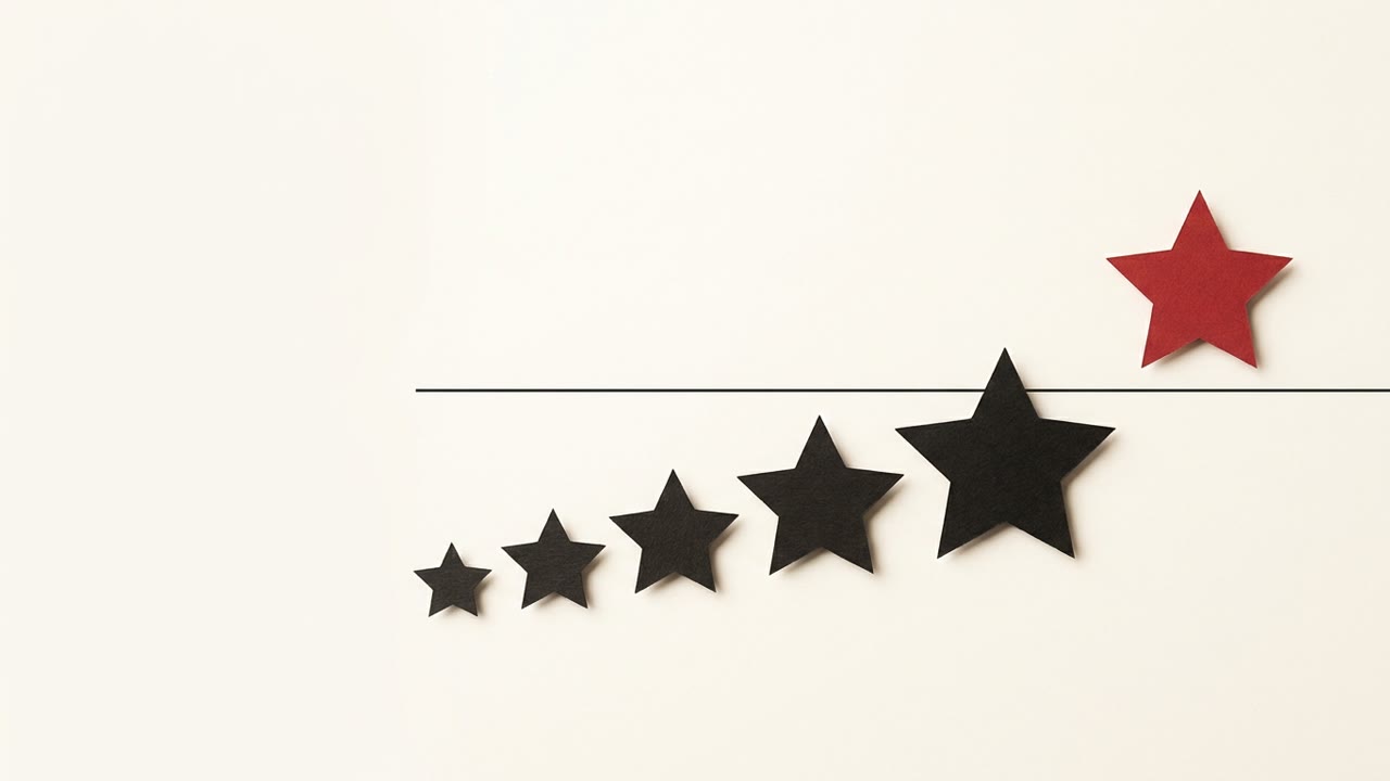A row of black paper stars stepping up to a threshold line, with one red star sitting just past the line