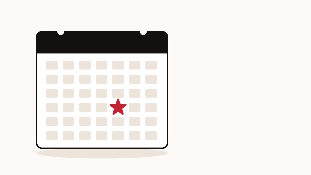 A cream calendar page with black ruled lines and a red paper star pinned to one date