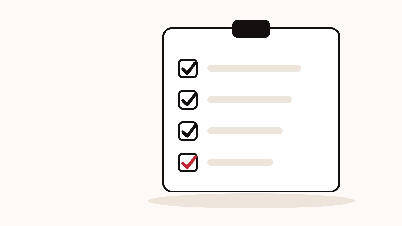 A black paper checklist card on a cream surface with three black tick marks and one red tick mark