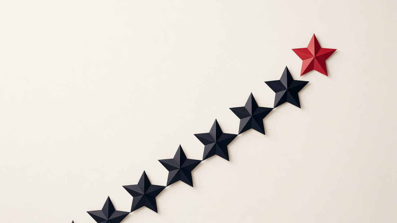 A rising staircase of black paper stars on a cream surface topped with one red star